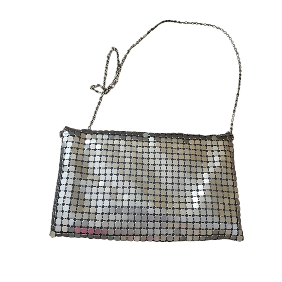 Silver‎ chain mail crossbody bag magnetic snap closure chain strap vintage - Picture 2 of 8